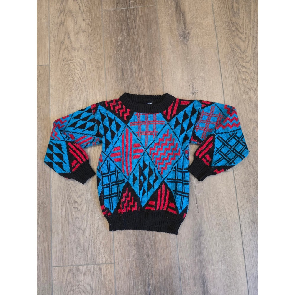 Vintage 1980s Michael Hemings Youth Size 7 Geometric 100% Acrylic Sweater